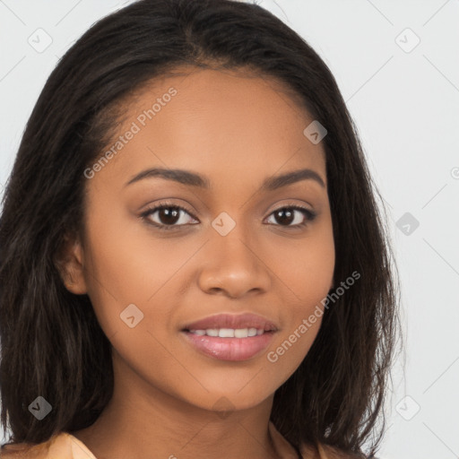 Joyful latino young-adult female with long  brown hair and brown eyes