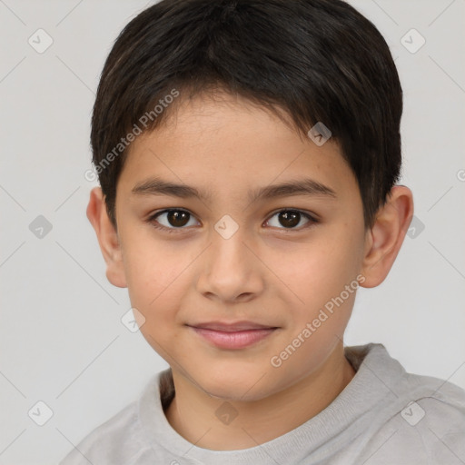 Joyful white child male with short  brown hair and brown eyes