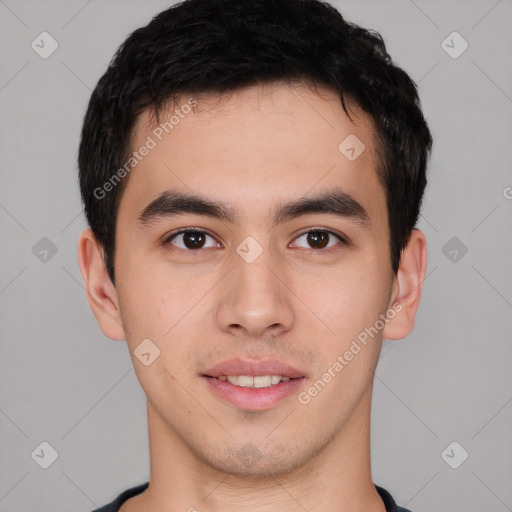 Joyful white young-adult male with short  black hair and brown eyes