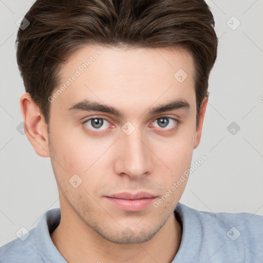 Neutral white young-adult male with short  brown hair and grey eyes