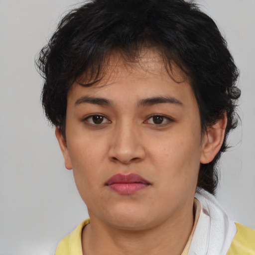 Neutral asian young-adult female with short  brown hair and brown eyes