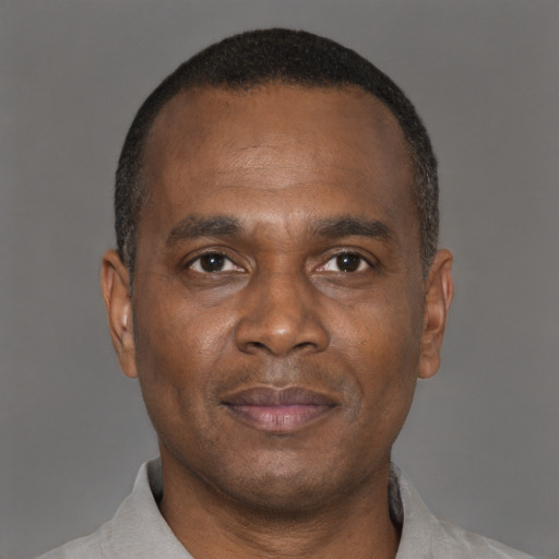 Neutral black adult male with short  black hair and brown eyes