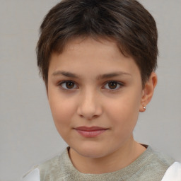 Joyful white child female with short  brown hair and brown eyes