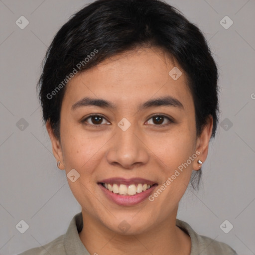 Joyful white young-adult female with short  brown hair and brown eyes