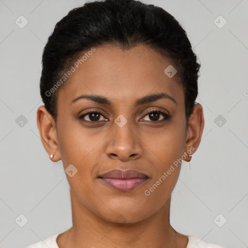 Joyful latino young-adult female with short  brown hair and brown eyes