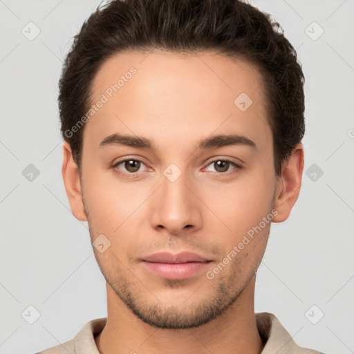 Neutral white young-adult male with short  brown hair and brown eyes