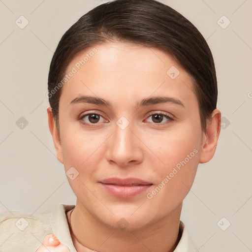 Joyful white young-adult female with short  brown hair and brown eyes