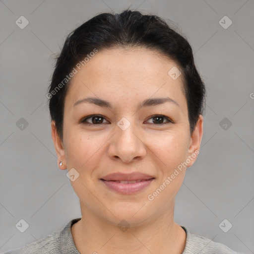 Joyful asian young-adult female with short  brown hair and brown eyes