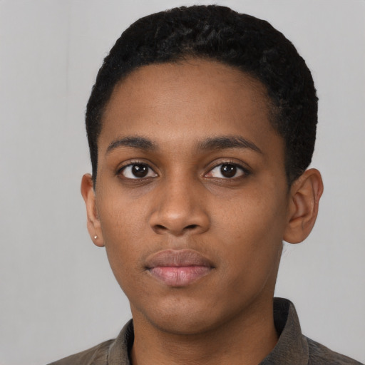 Neutral black young-adult female with short  black hair and brown eyes