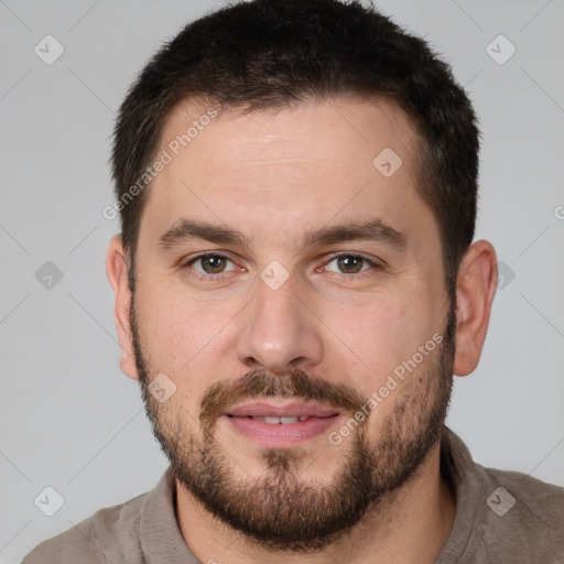 Joyful white young-adult male with short  brown hair and brown eyes