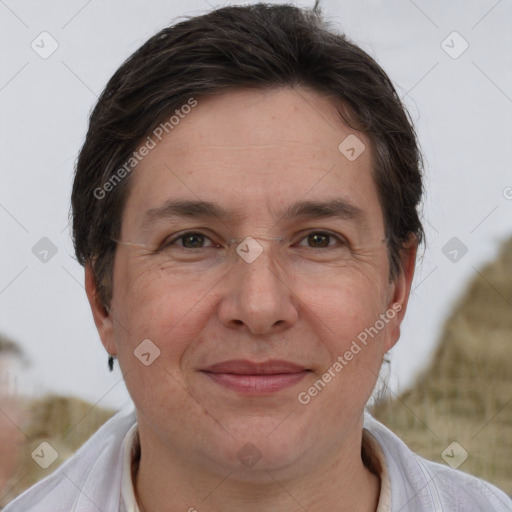 Joyful white adult female with short  brown hair and brown eyes