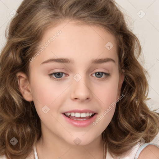 Joyful white child female with long  brown hair and brown eyes