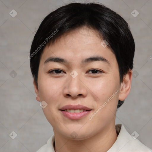 Joyful asian young-adult female with short  brown hair and brown eyes