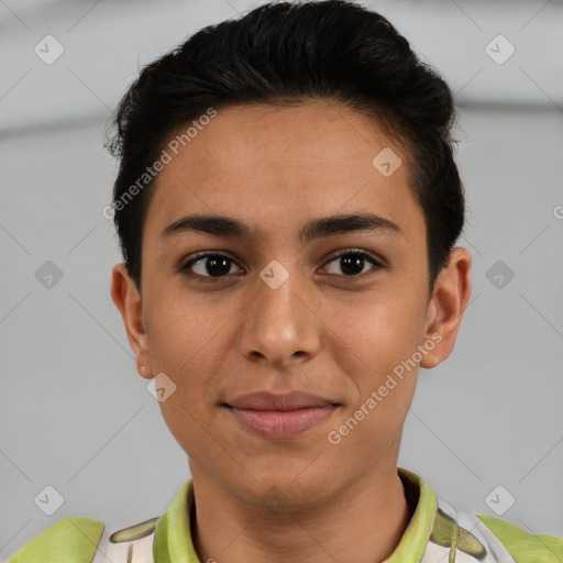 Joyful latino young-adult female with short  brown hair and brown eyes