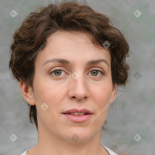 Joyful white young-adult female with medium  brown hair and green eyes