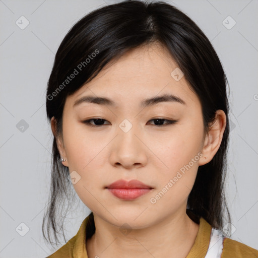 Neutral asian young-adult female with medium  black hair and brown eyes