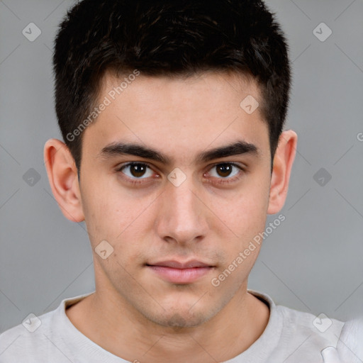 Neutral white young-adult male with short  brown hair and brown eyes