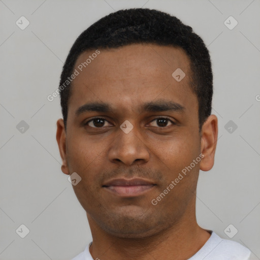 Neutral black young-adult male with short  black hair and brown eyes