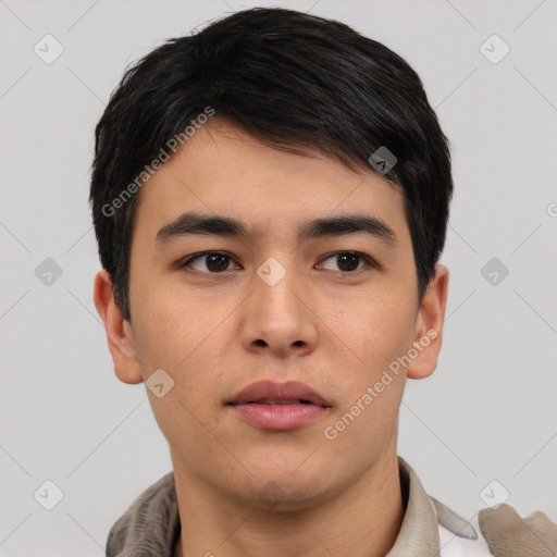 Neutral asian young-adult male with short  black hair and brown eyes