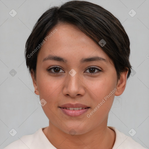 Joyful asian young-adult female with short  brown hair and brown eyes