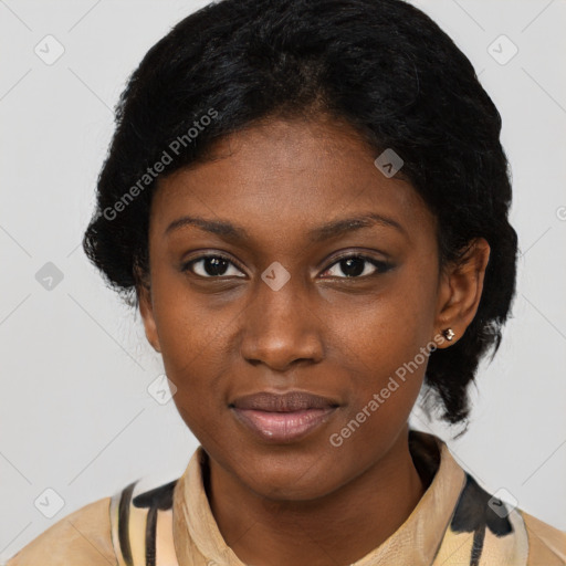 Joyful latino young-adult female with medium  black hair and brown eyes