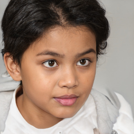 Joyful white child female with medium  brown hair and brown eyes