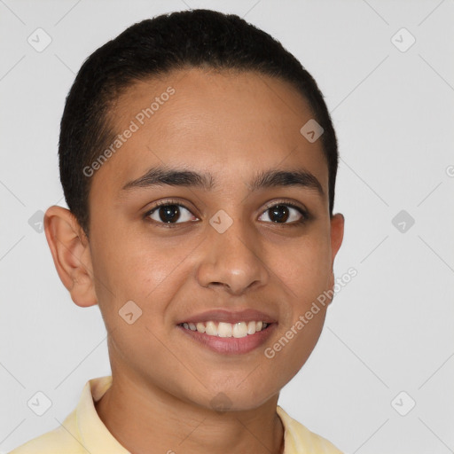 Joyful latino young-adult male with short  brown hair and brown eyes