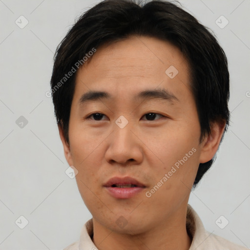 Neutral asian adult male with short  brown hair and brown eyes