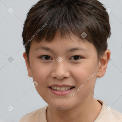 Joyful white child male with short  brown hair and brown eyes