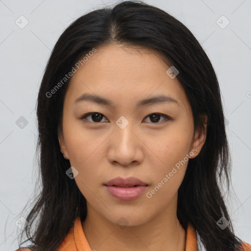 Neutral asian young-adult female with medium  brown hair and brown eyes