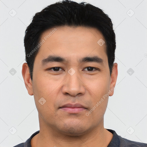 Neutral asian young-adult male with short  black hair and brown eyes