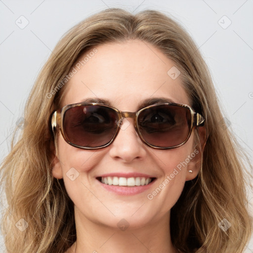 Joyful white young-adult female with long  brown hair and blue eyes