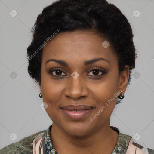 Joyful latino young-adult female with short  black hair and brown eyes