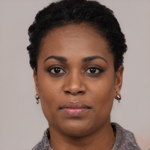 Neutral black young-adult female with short  black hair and brown eyes