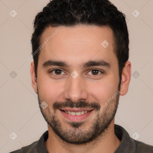 Joyful white young-adult male with short  black hair and brown eyes