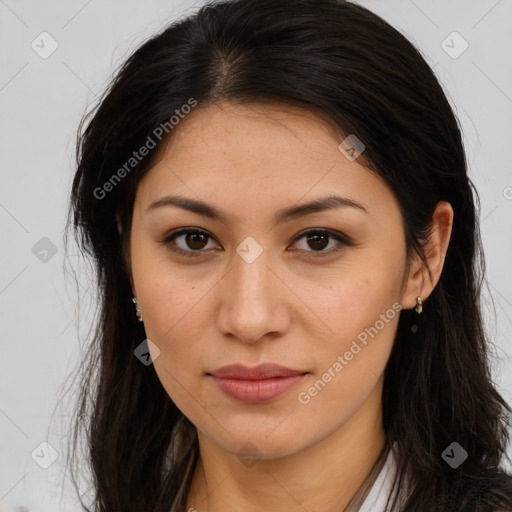 Joyful latino young-adult female with long  brown hair and brown eyes