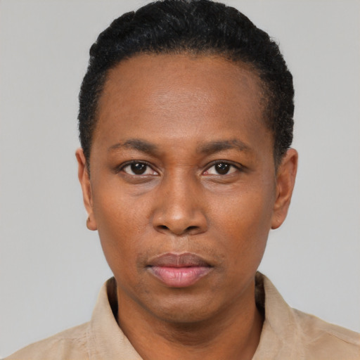 Neutral black adult male with short  black hair and brown eyes
