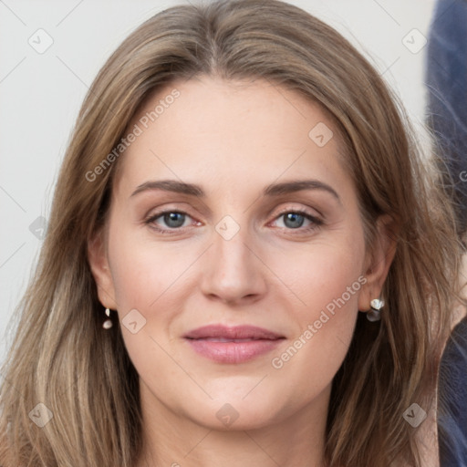 Joyful white young-adult female with long  brown hair and grey eyes