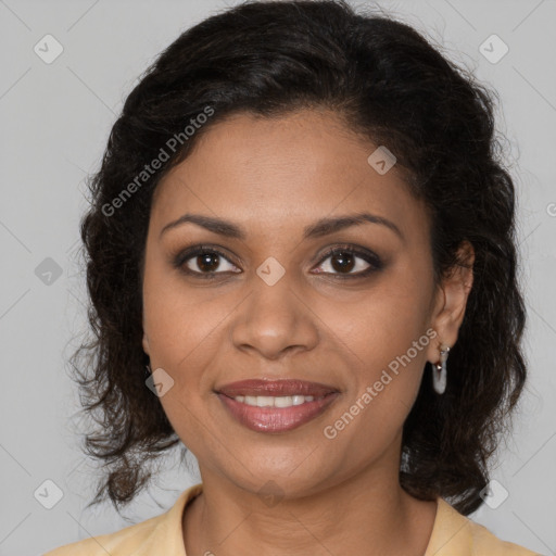 Joyful black young-adult female with medium  brown hair and brown eyes