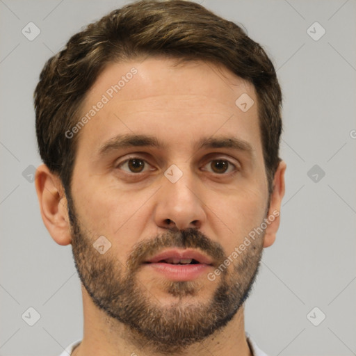 Neutral white young-adult male with short  brown hair and brown eyes