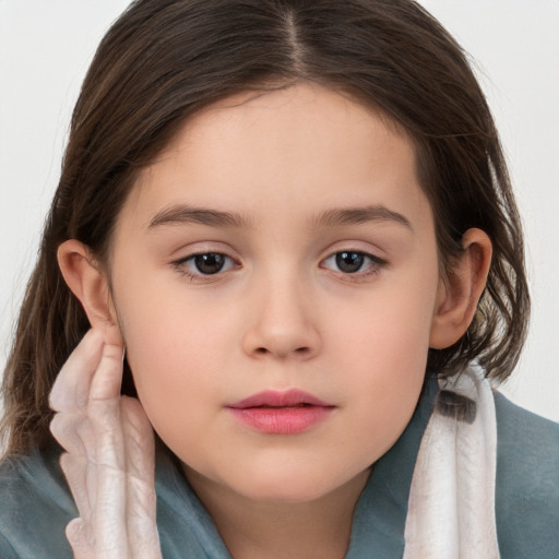 Neutral white child female with long  brown hair and brown eyes