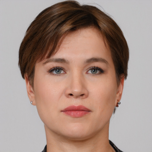 Neutral asian young-adult female with short  brown hair and grey eyes