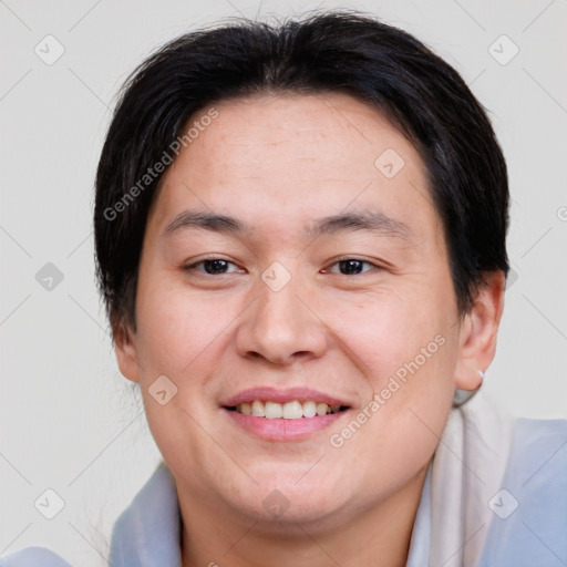 Joyful white young-adult male with medium  brown hair and brown eyes