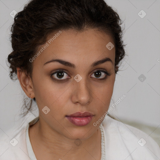 Neutral white young-adult female with short  brown hair and brown eyes