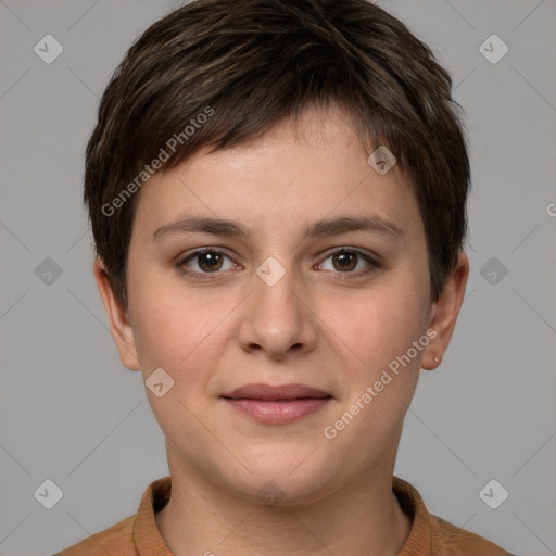 Joyful white young-adult female with short  brown hair and grey eyes