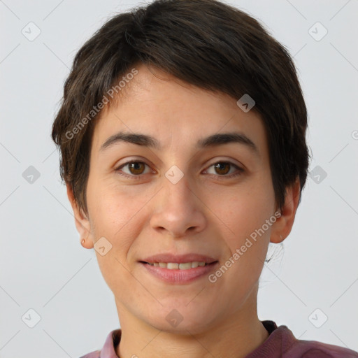 Joyful white young-adult female with short  brown hair and brown eyes