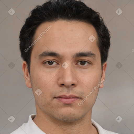 Neutral asian young-adult male with short  black hair and brown eyes