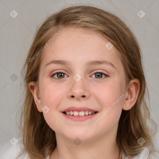 Joyful white child female with medium  brown hair and blue eyes