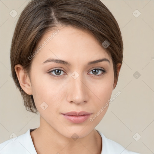 Neutral white young-adult female with medium  brown hair and brown eyes