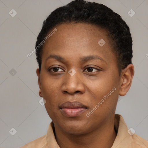 Neutral black young-adult female with short  black hair and brown eyes